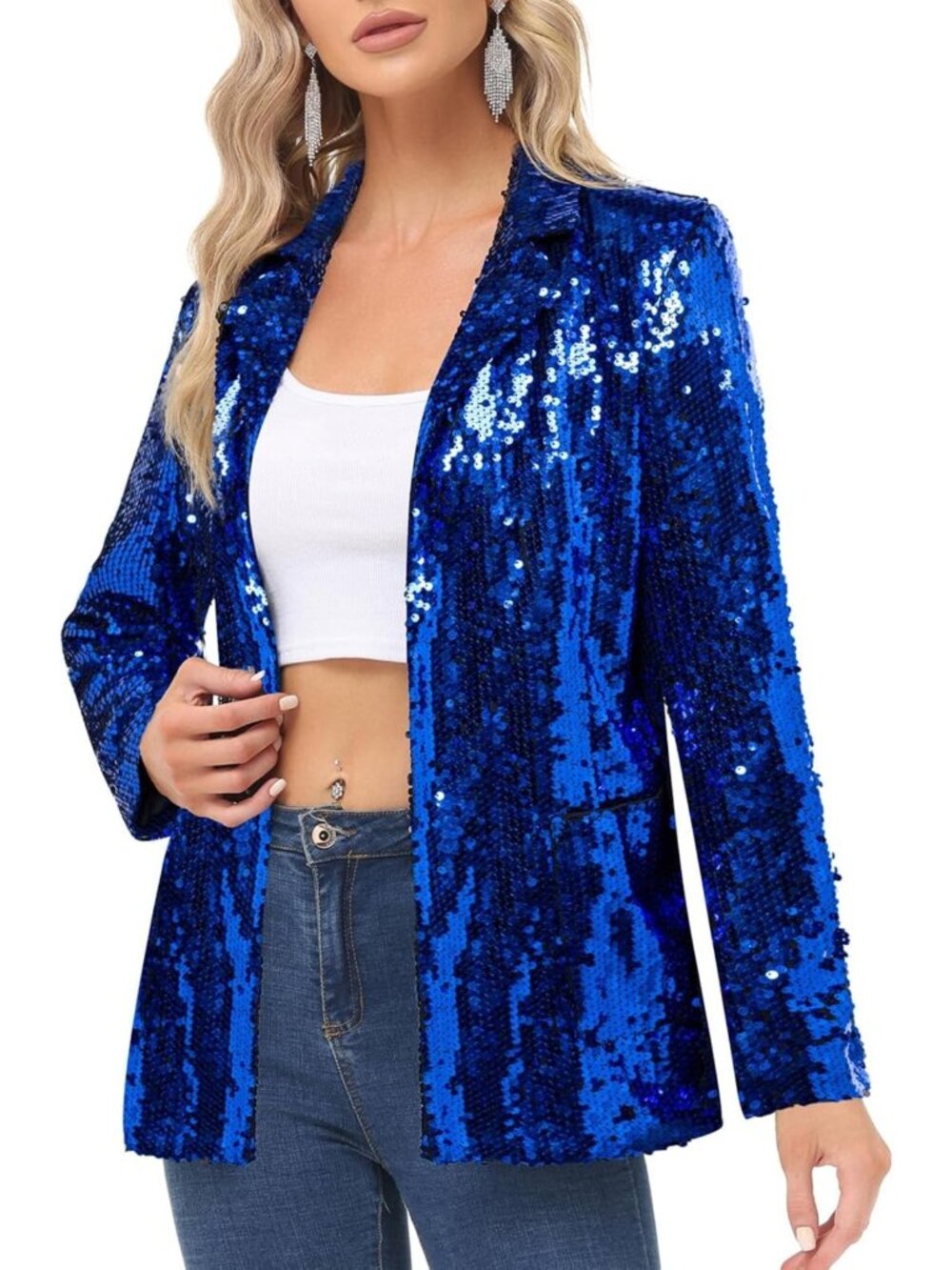 Sparkly Sequin Blazer Jacket for Women | Open Front Long Sleeve Cardigan with